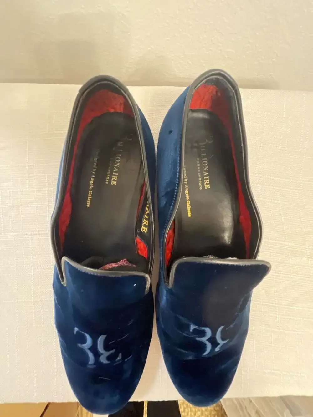 Billionaire Italian Couture Navy Velvet Monogram Loafers Angelo Galasso Size 43